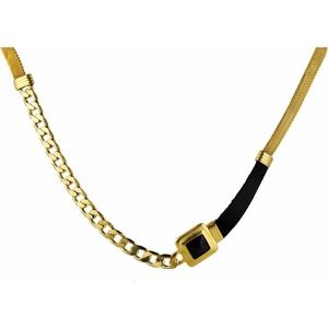 HAGAR SATAT Black Crystal Square Gold Mesh Black Leather & Chain Necklace NWT